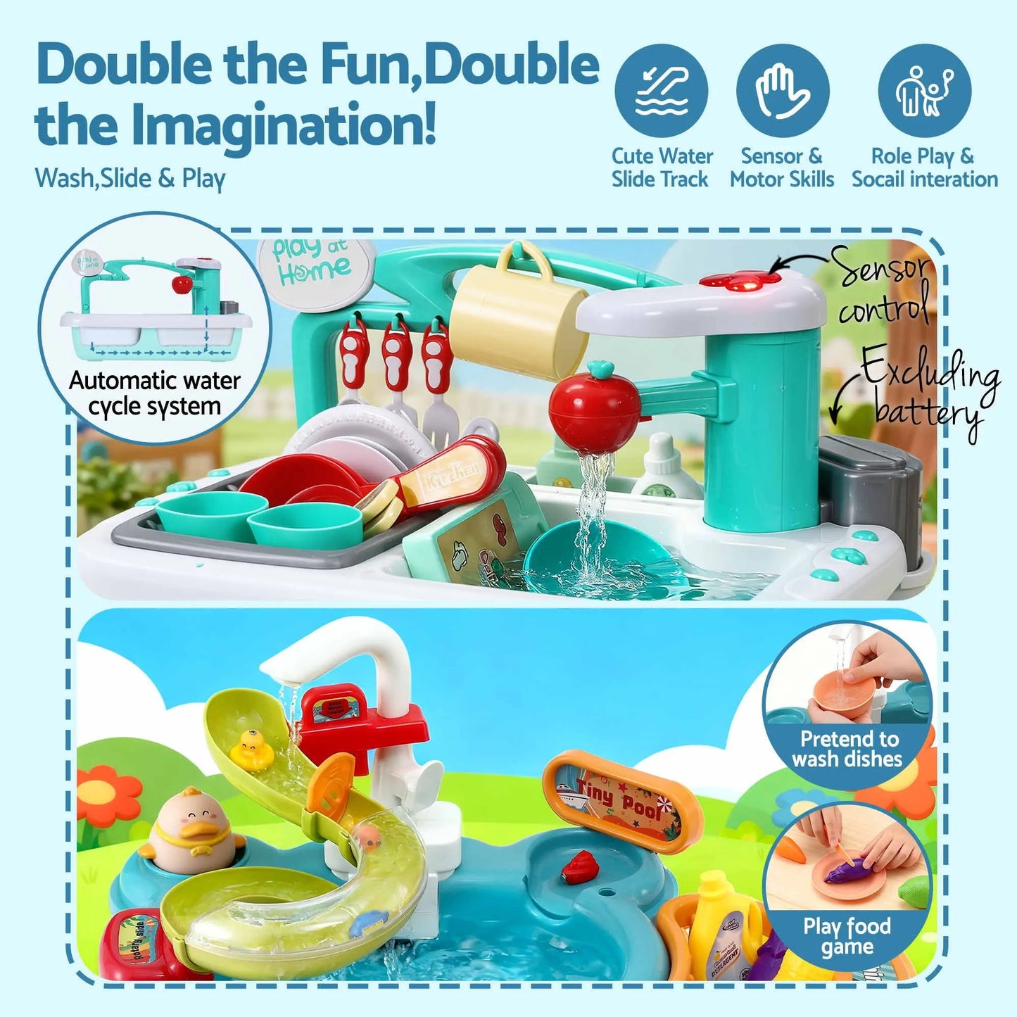 Keezi Kids Pretend Kitchen Sink and Water Playset Fishing Game Toys Play food  - Image 4