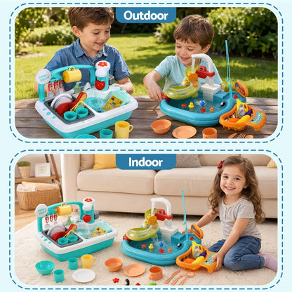 Keezi Kids Pretend Kitchen Sink and Water Playset Fishing Game Toys Play food  - Image 8
