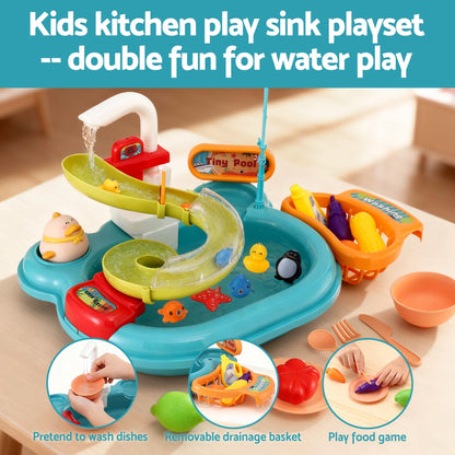 Keezi Kids Pretend Play Kitchen Sink with Faucet Floating Fishing Toys Play food - Image 5