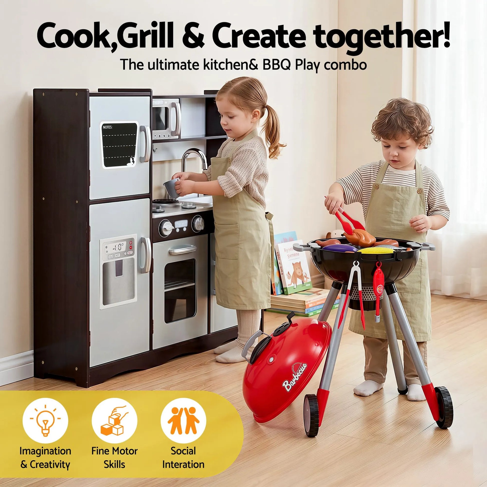 Keezi Kids Kitchen Playset BBQ Grill Toy with Wooden Pretend Play Set 80cm - Image 4
