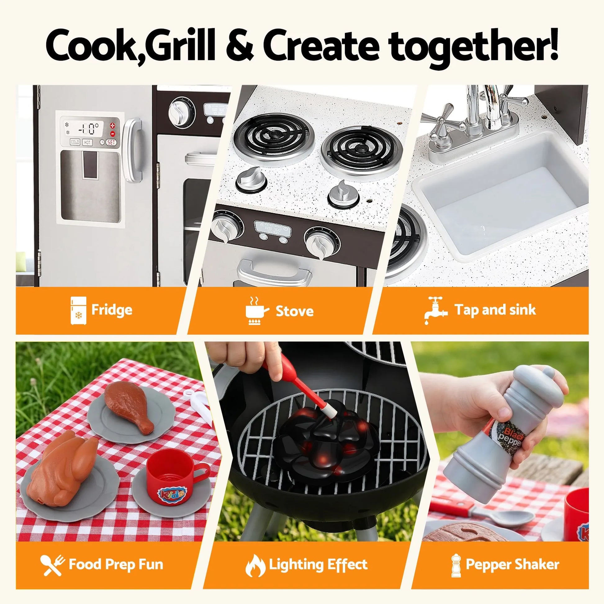 Keezi Kids Kitchen Playset BBQ Grill Toy with Wooden Pretend Play Set 80cm - Image 6