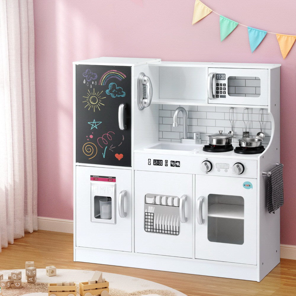 Keezi Kids Wooden Pretend Kitchen Play Set Cooking Toys Pot Ice Cup Oven Blackboard 80CM White - Image 7