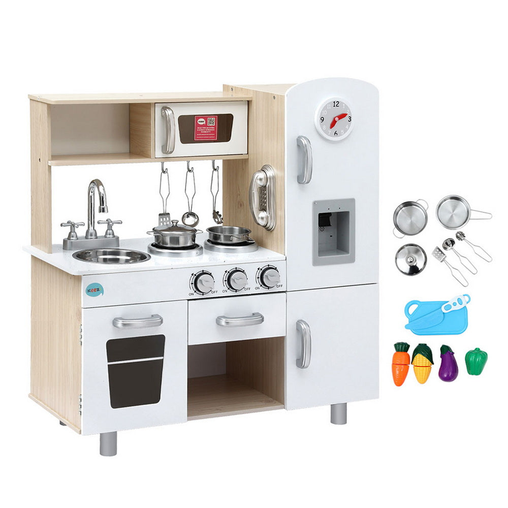 Keezi Kids Kitchen Play Set Wooden Pretend Toys Cooking Children Clock Beige - Image 2