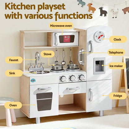 Keezi Kids Kitchen Play Set Wooden Pretend Toys Cooking Children Clock Beige - Image 5