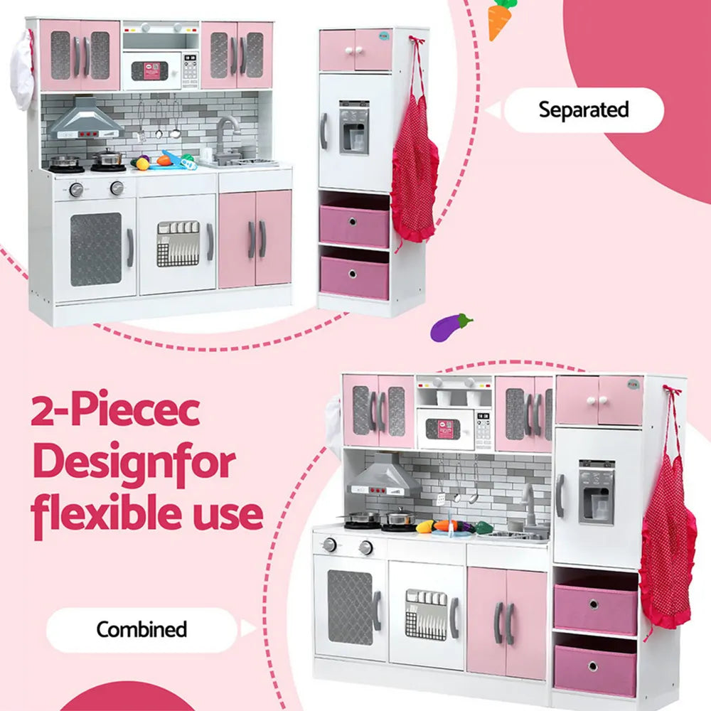 Keezi Kids Kitchen Playset 2-Piece Wooden Pretend Play Coffee Maker Toy 100CM Pink - Image 6