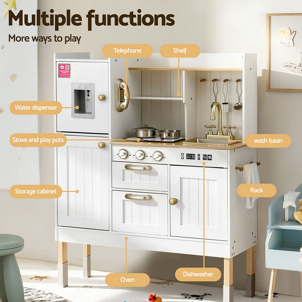 Keezi Kids Kitchen Play Set Wooden Pretend Toys Cooking Children Storage Golden - Image 5