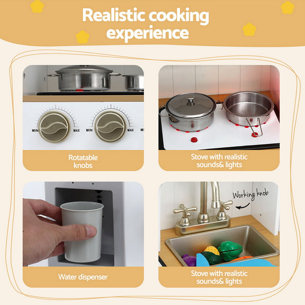 Keezi Kids Kitchen Play Set Wooden Pretend Toys Cooking Children Storage Golden - Image 6