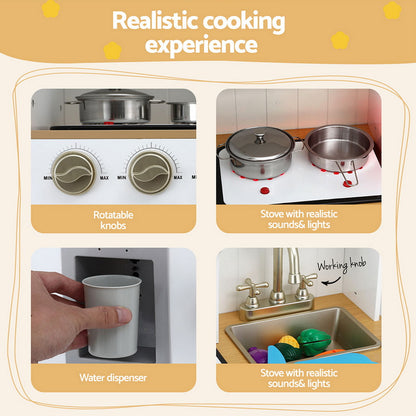 Keezi Kids Kitchen Play Set Wooden Pretend Toys Cooking Children Storage Golden - Image 6