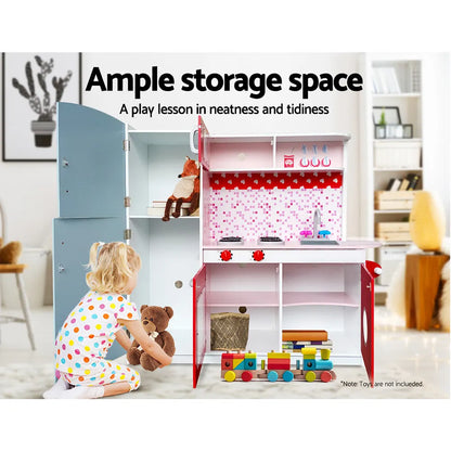 Keezi Kids Kitchen Play Set Wooden Pretend Toys Cooking Children Fridge Oven Red - Image 6