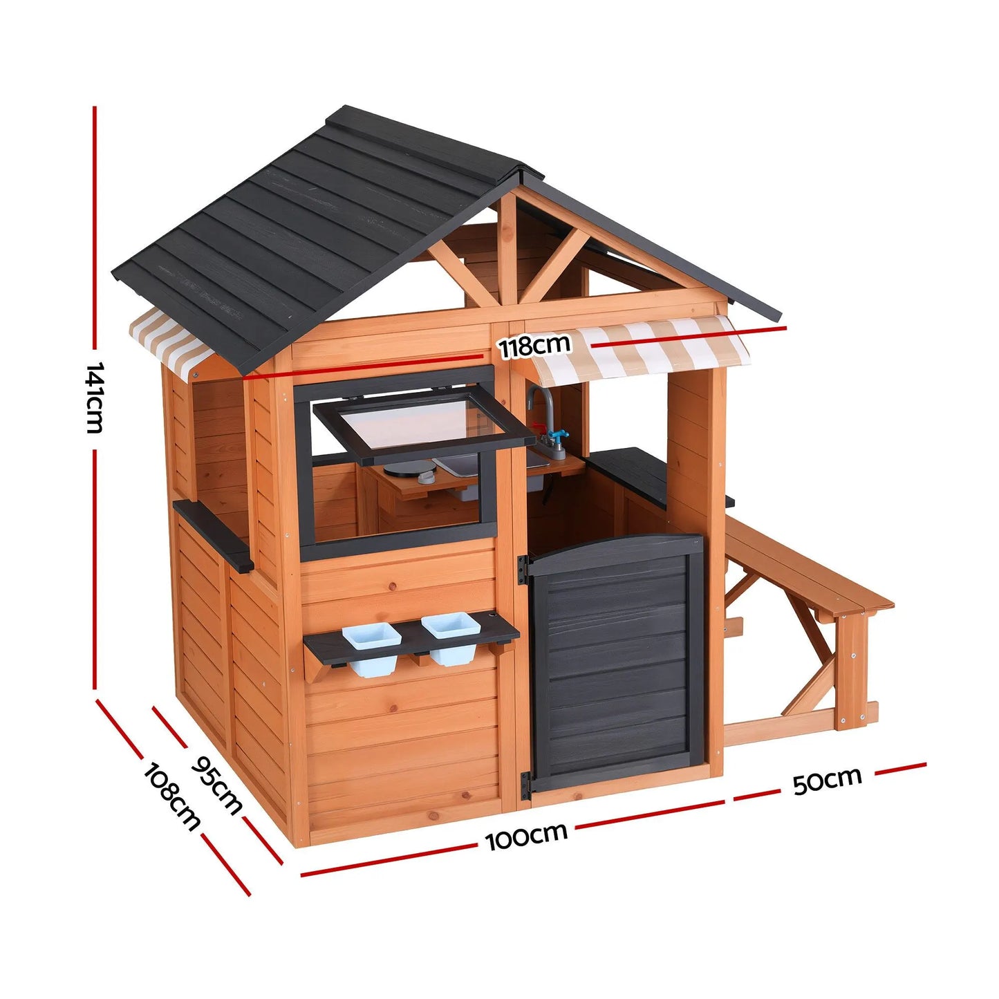 Keezi Kids Pretend Kitchen Wooden Cubby House Outdoor Playhouse Side Bench - Image 2