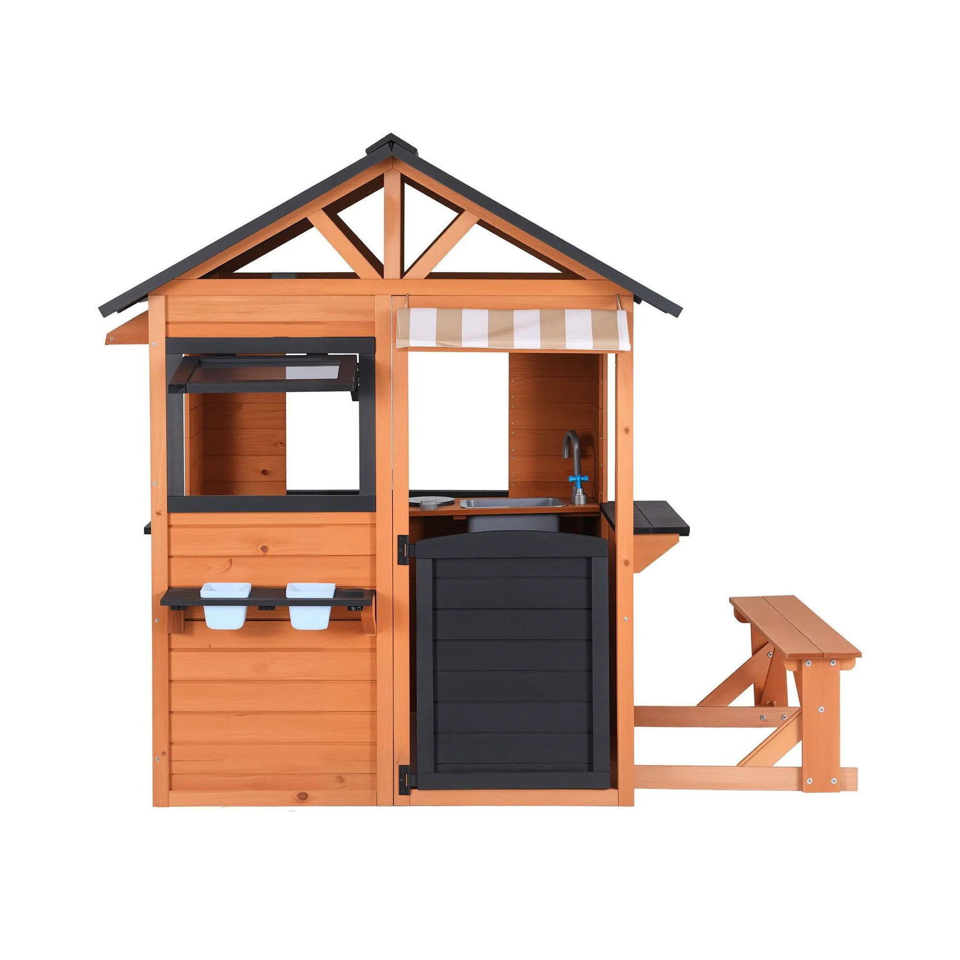 Keezi Kids Pretend Kitchen Wooden Cubby House Outdoor Playhouse Side Bench - Image 3