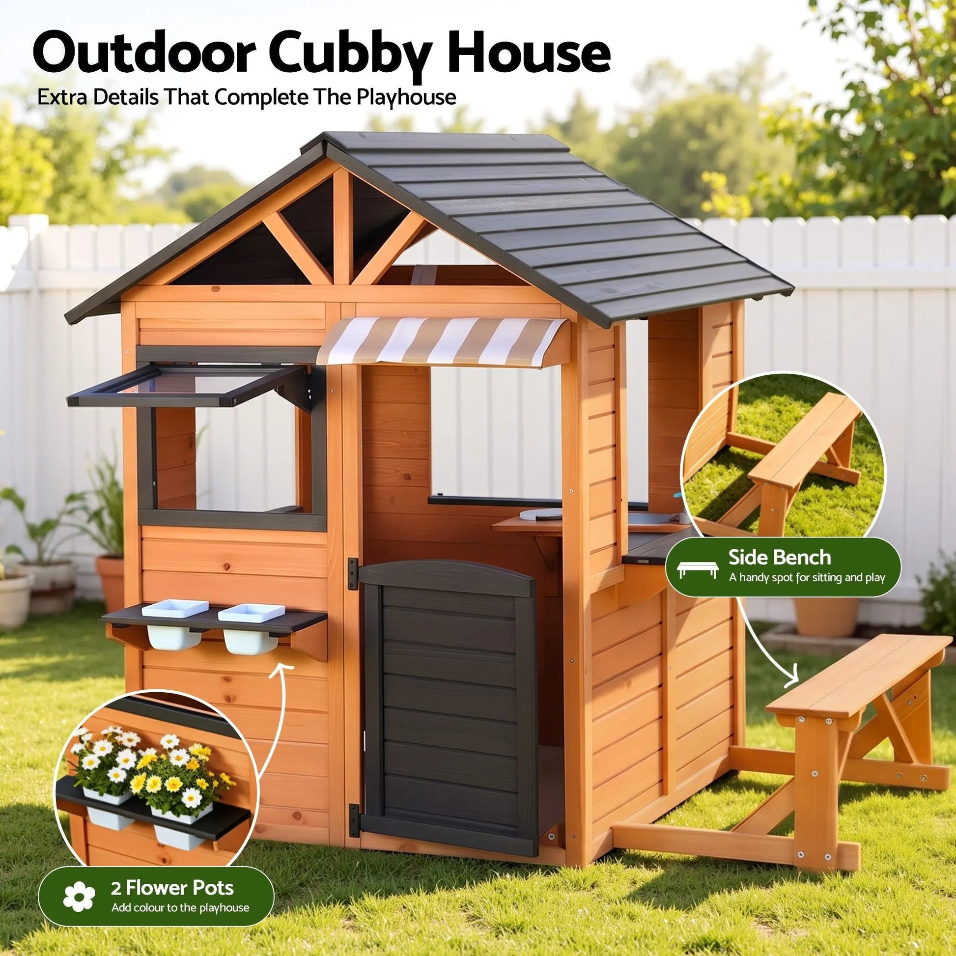 Keezi Kids Pretend Kitchen Wooden Cubby House Outdoor Playhouse Side Bench - Image 4