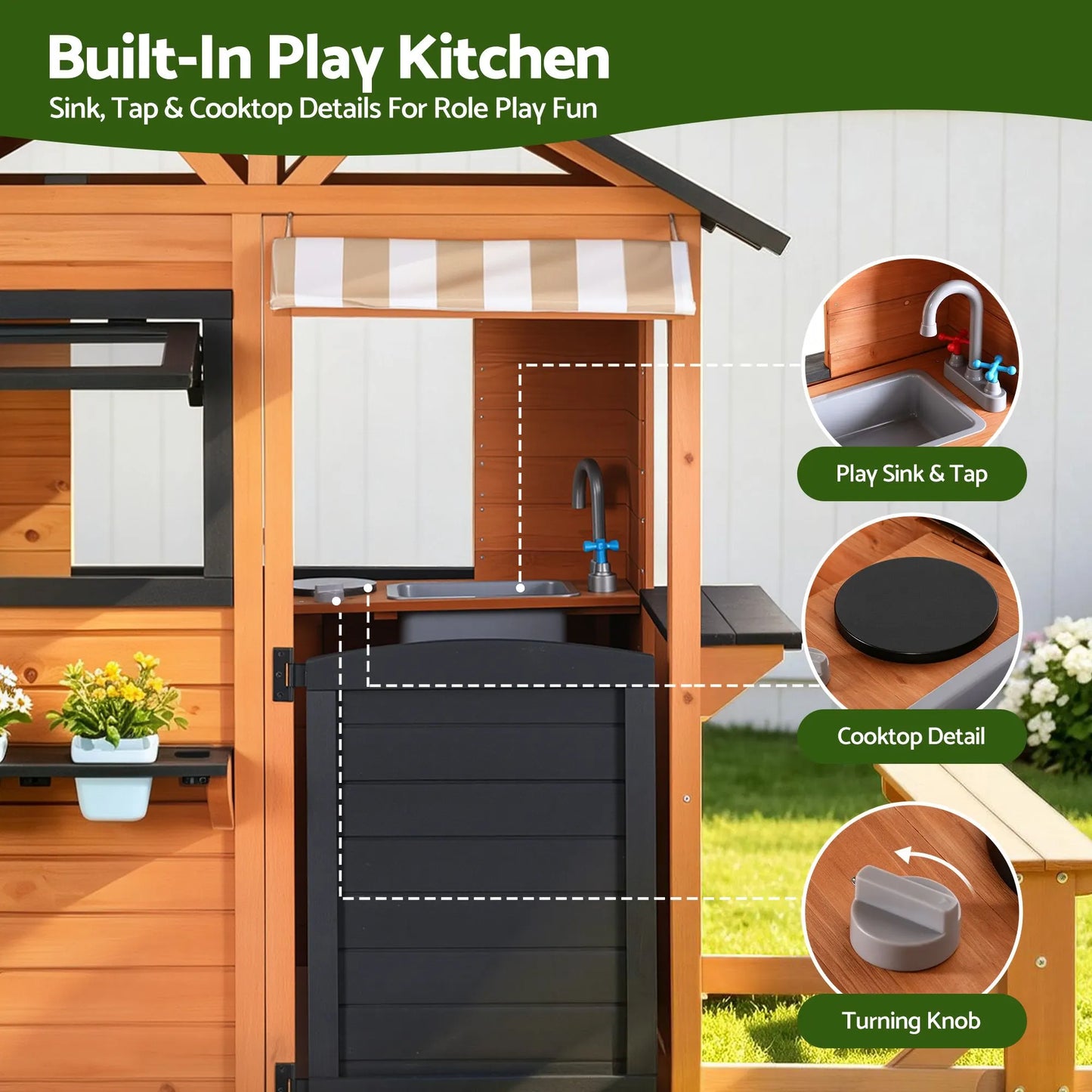 Keezi Kids Pretend Kitchen Wooden Cubby House Outdoor Playhouse Side Bench - Image 6
