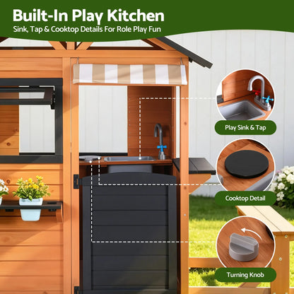 Keezi Kids Pretend Kitchen Wooden Cubby House Outdoor Playhouse Side Bench - Image 6