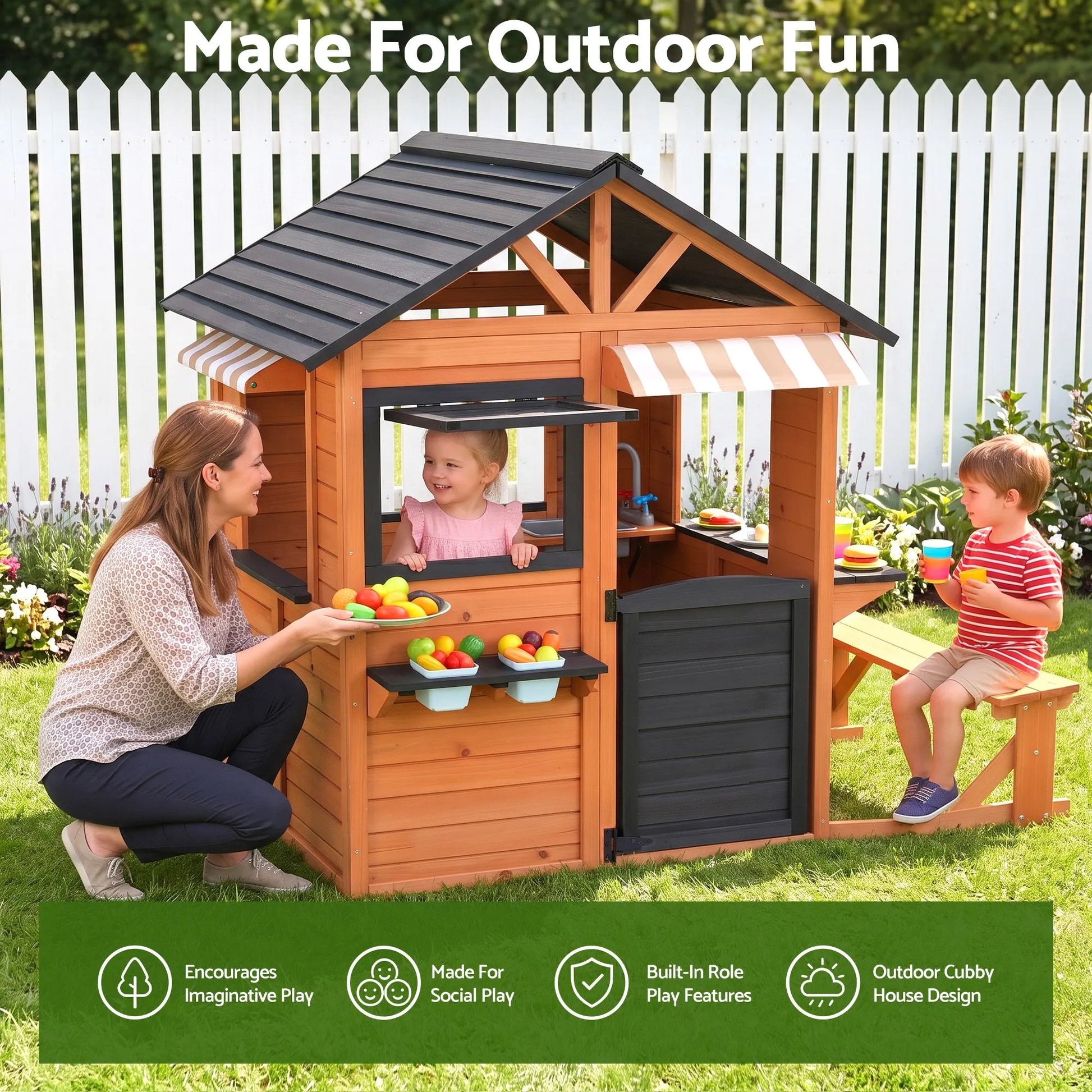 Keezi Kids Pretend Kitchen Wooden Cubby House Outdoor Playhouse Side Bench - Image 8