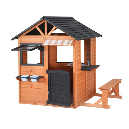 Keezi Kids Pretend Kitchen Wooden Cubby House Outdoor Playhouse Side Bench - Image 9