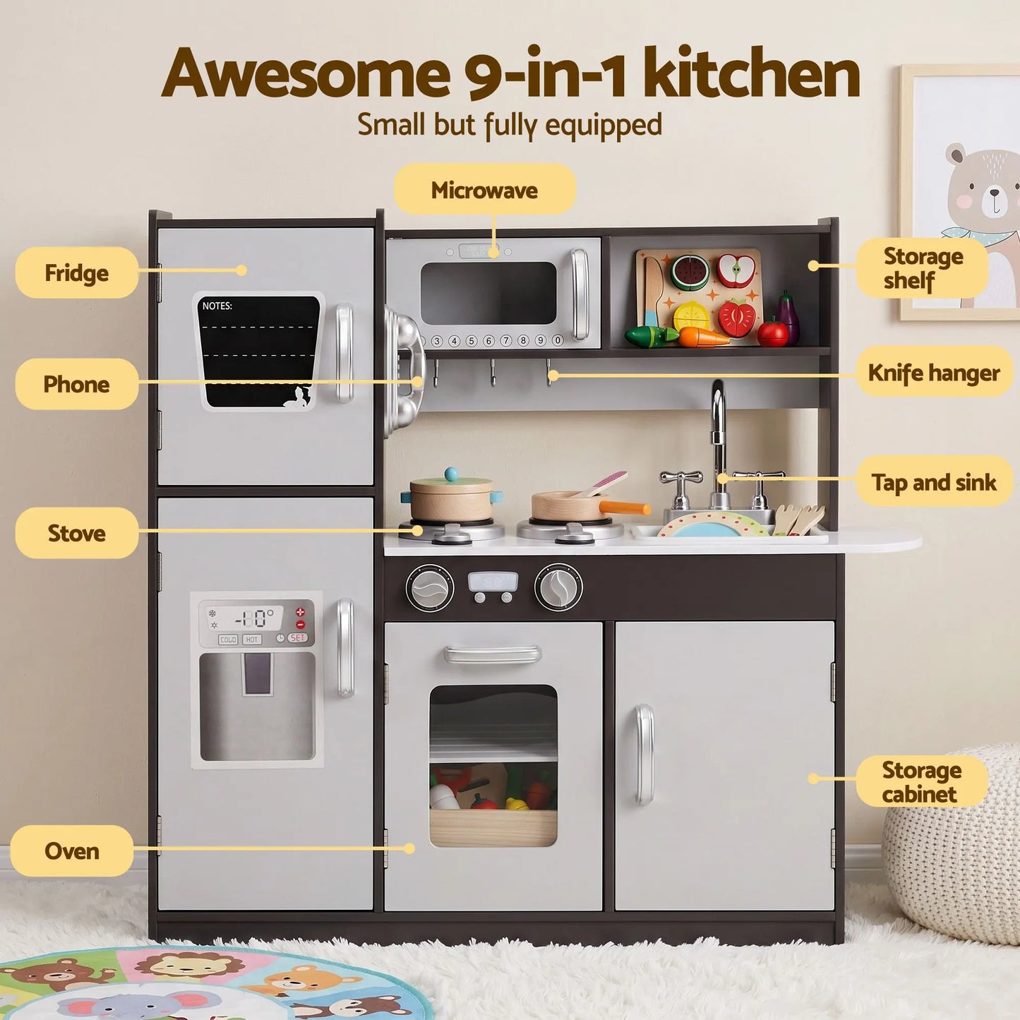 Keezi Kids Play Kitchen Pretend Toy Kitchen With Wooden Play Food Set - Image 4