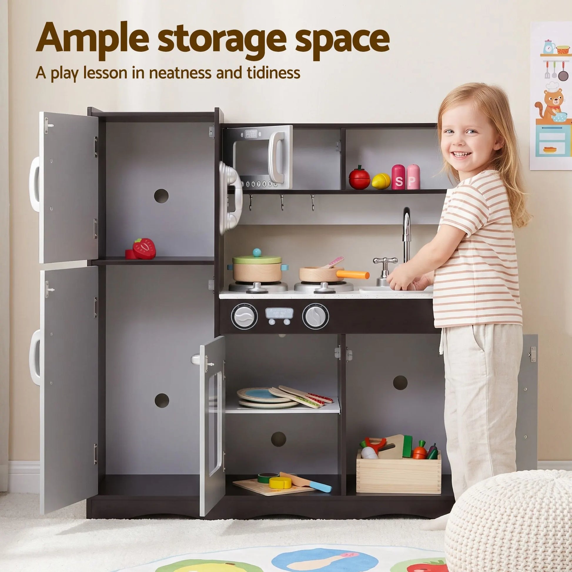Keezi Kids Play Kitchen Pretend Toy Kitchen With Wooden Play Food Set - Image 6