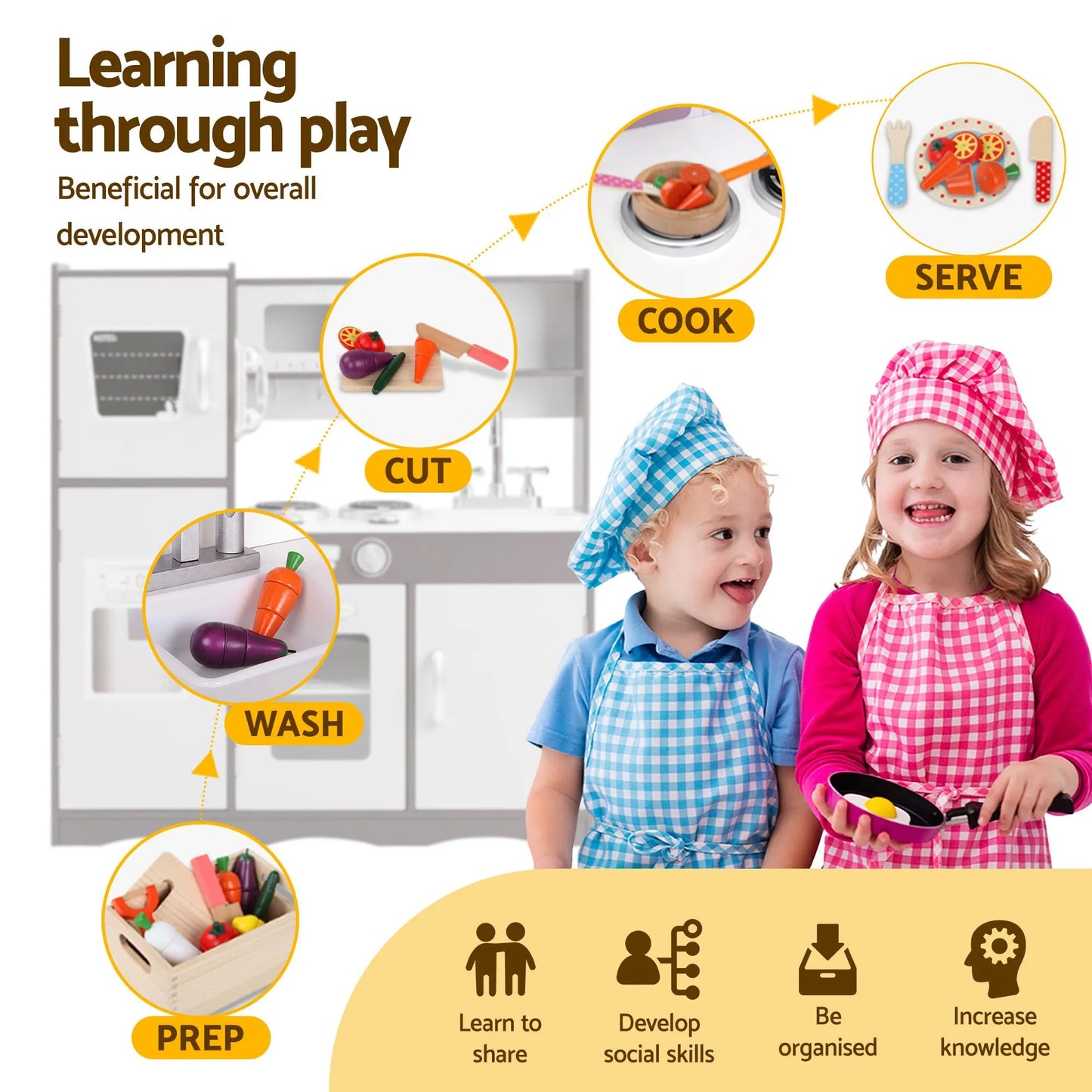 Keezi Kids Play Kitchen Pretend Toy Kitchen With Wooden Play Food Set - Image 8