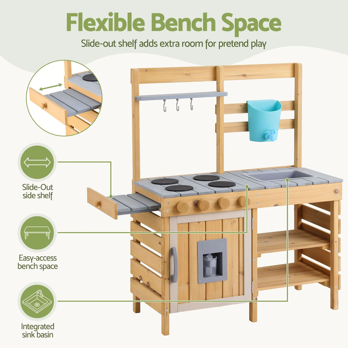 Keezi Kids Kitchen Playset Wooden Play Kitchen Mud Kitchen Toy Kitchen 95cm Tall - Image 6