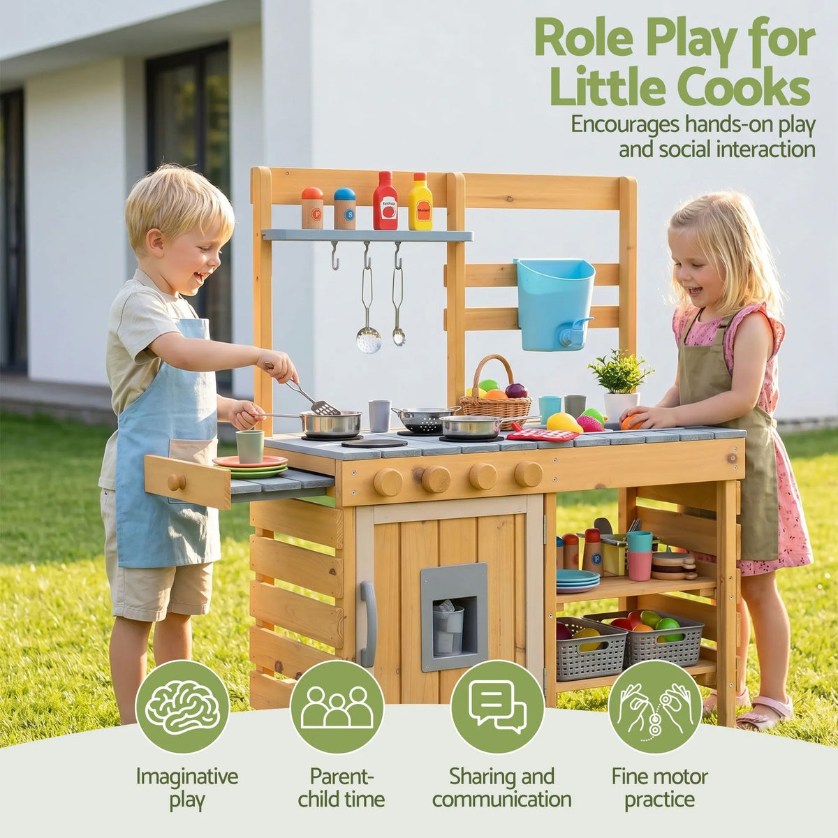Keezi Kids Kitchen Playset Wooden Play Kitchen Mud Kitchen Toy Kitchen 95cm Tall - Image 8