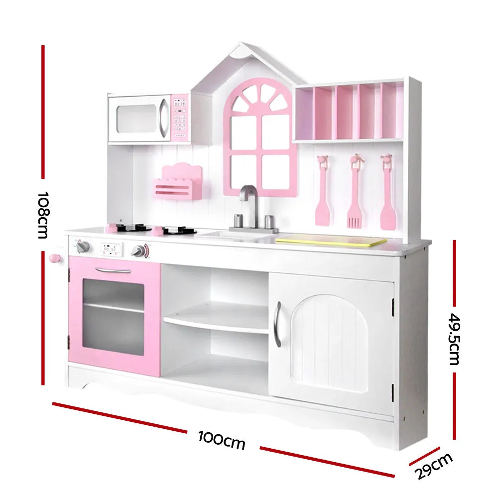 Keezi Kids Kitchen Play Set Wooden Pretend Toys Cooking Children Storage Cabinet - Image 2