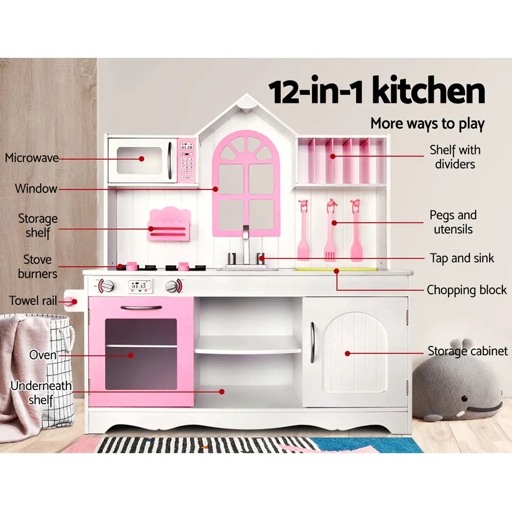 Keezi Kids Kitchen Play Set Wooden Pretend Toys Cooking Children Storage Cabinet - Image 3