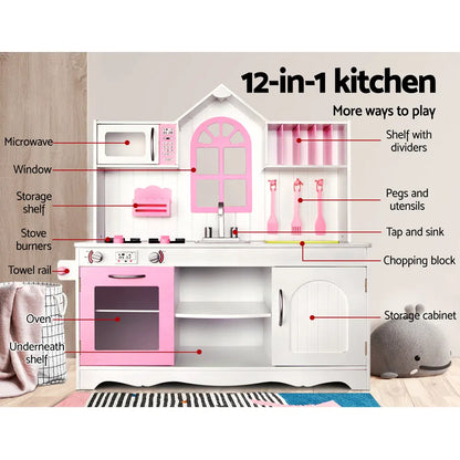 Keezi Kids Kitchen Play Set Wooden Pretend Toys Cooking Children Storage Cabinet - Image 3
