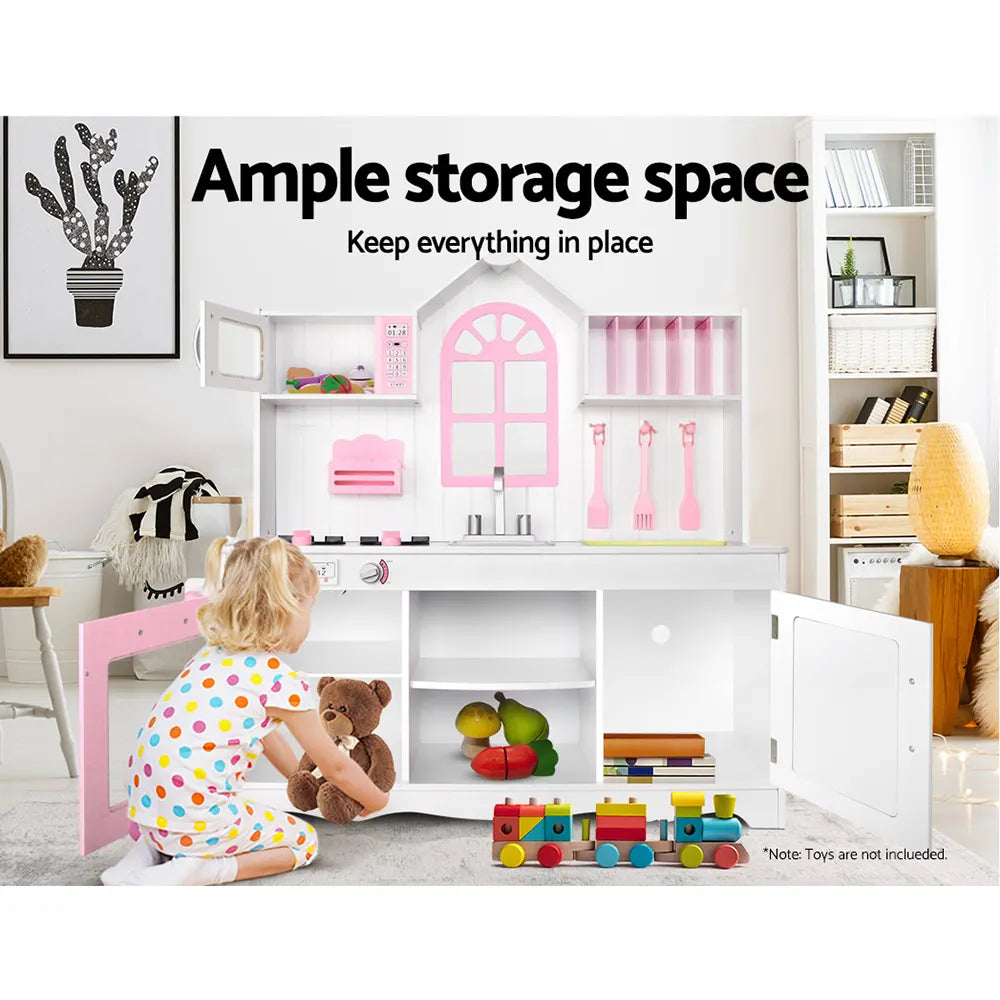 Keezi Kids Kitchen Play Set Wooden Pretend Toys Cooking Children Storage Cabinet - Image 7