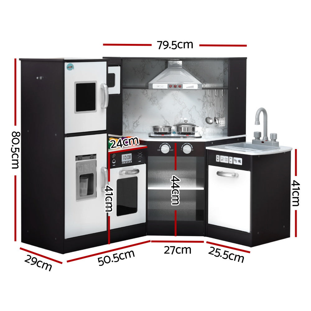 Keezi Kids Kitchen Play Set Wooden Pretend Cooking Playset w/Sounds Lights Black - Image 2