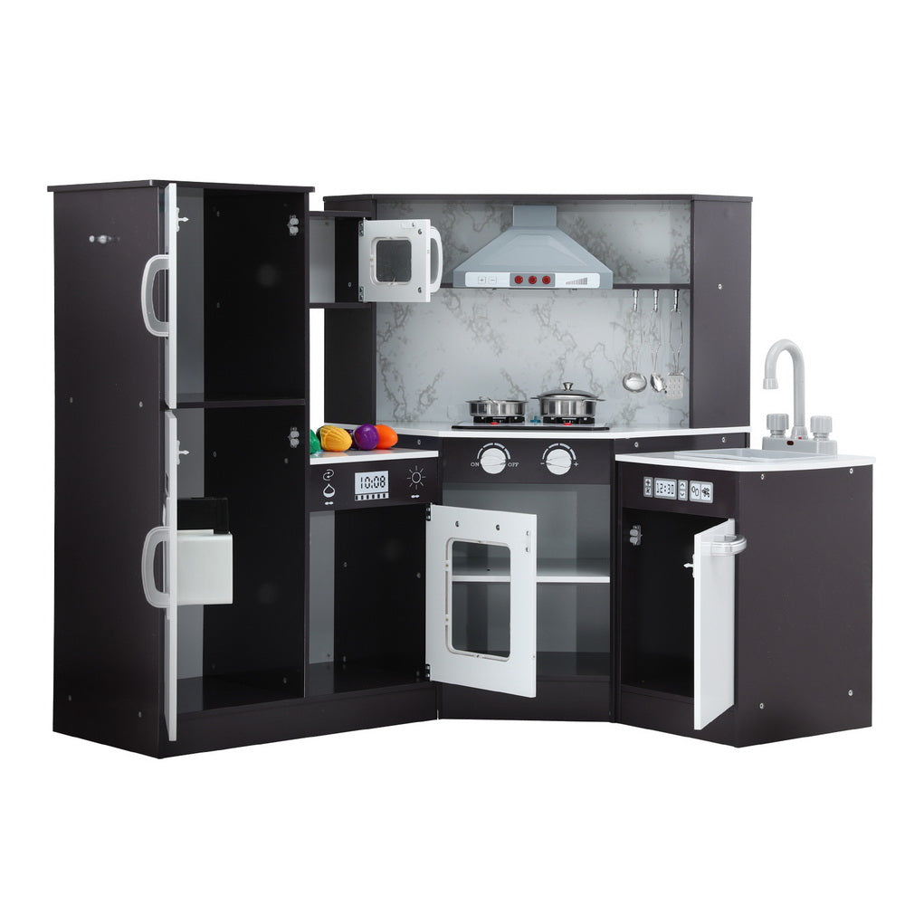 Keezi Kids Kitchen Play Set Wooden Pretend Cooking Playset w/Sounds Lights Black - Image 3