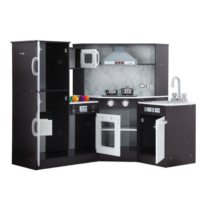 Keezi Kids Kitchen Play Set Wooden Pretend Cooking Playset w/Sounds Lights Black - Image 3