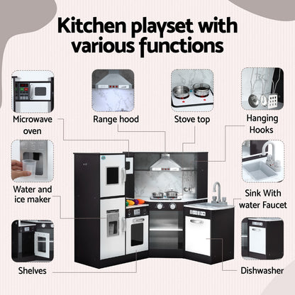 Keezi Kids Kitchen Play Set Wooden Pretend Cooking Playset w/Sounds Lights Black - Image 4