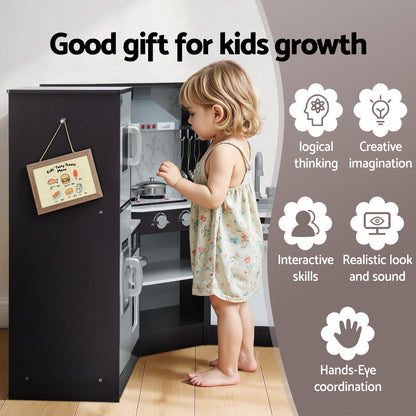 Keezi Kids Kitchen Play Set Wooden Pretend Cooking Playset w/Sounds Lights Black - Image 6