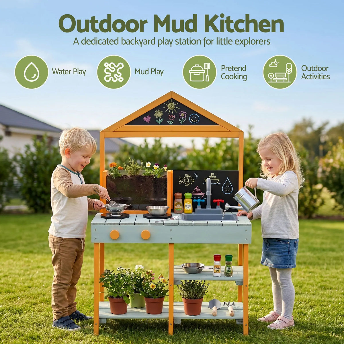 Keezi Kids Mud Kitchen Play Kitchen Toy Kitchen Set with Blackboard 110cm - Image 5
