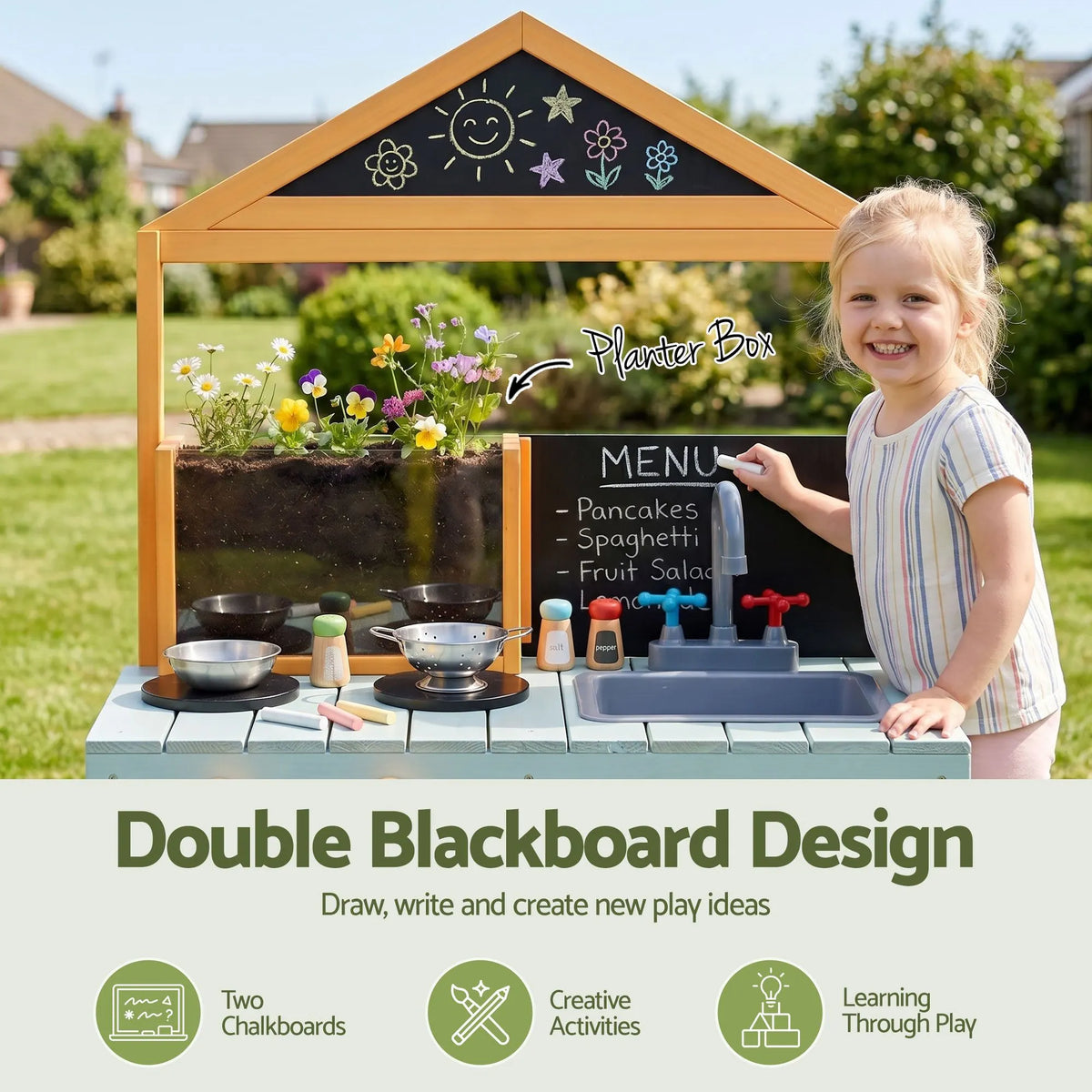 Keezi Kids Mud Kitchen Play Kitchen Toy Kitchen Set with Blackboard 110cm - Image 8