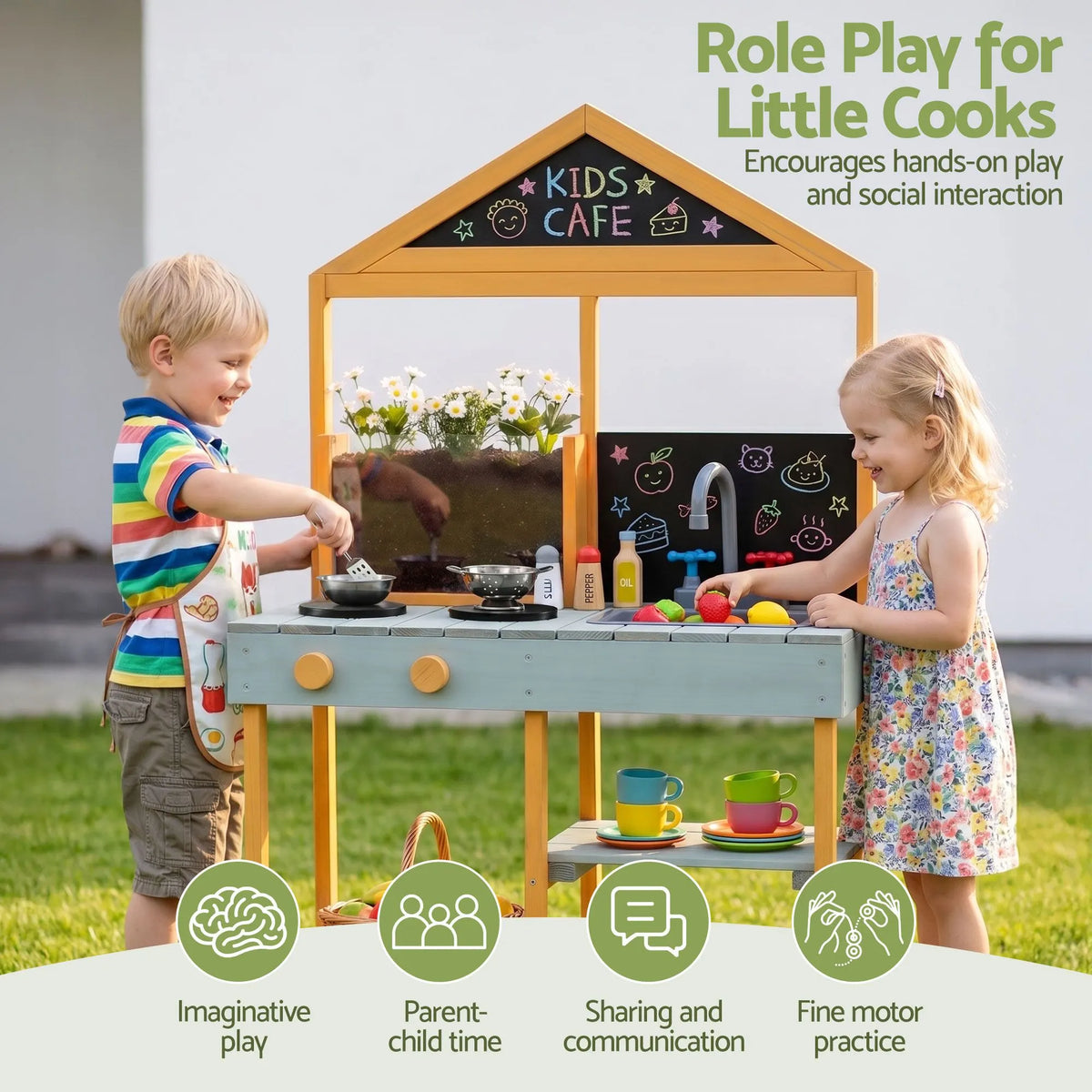 Keezi Kids Mud Kitchen Play Kitchen Toy Kitchen Set with Blackboard 110cm - Image 9