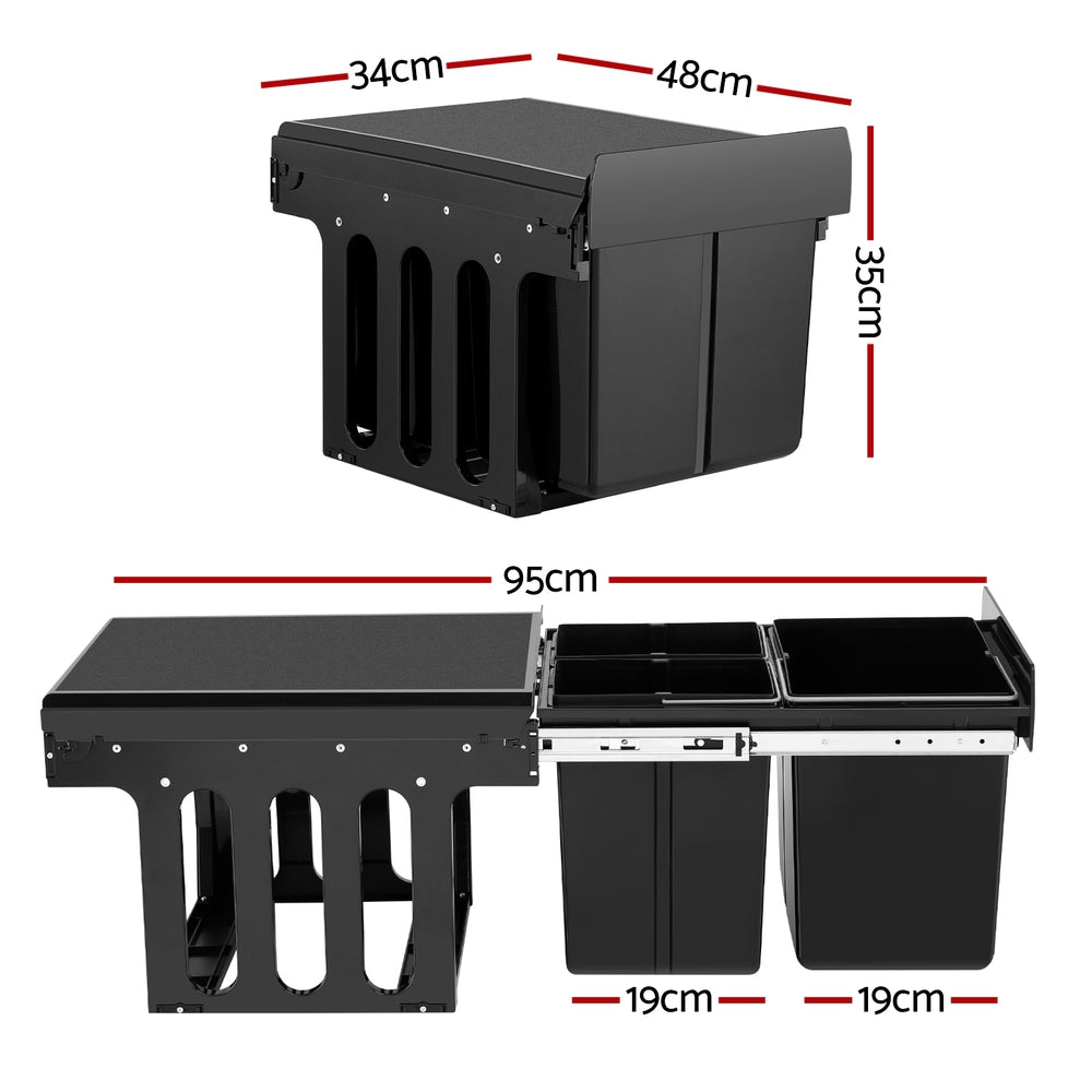 Cefito Pull Out Bin Kitchen Triple Slide Garbage Rubbish Bins Basket Blcak 31L - Image 2