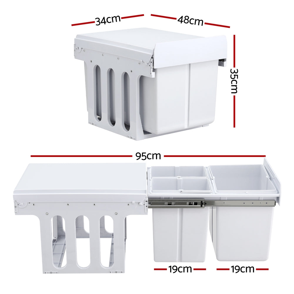 Cefito Pull Out Bin Kitchen Triple Slide Garbage Rubbish Bins Basket White 31L - Image 2