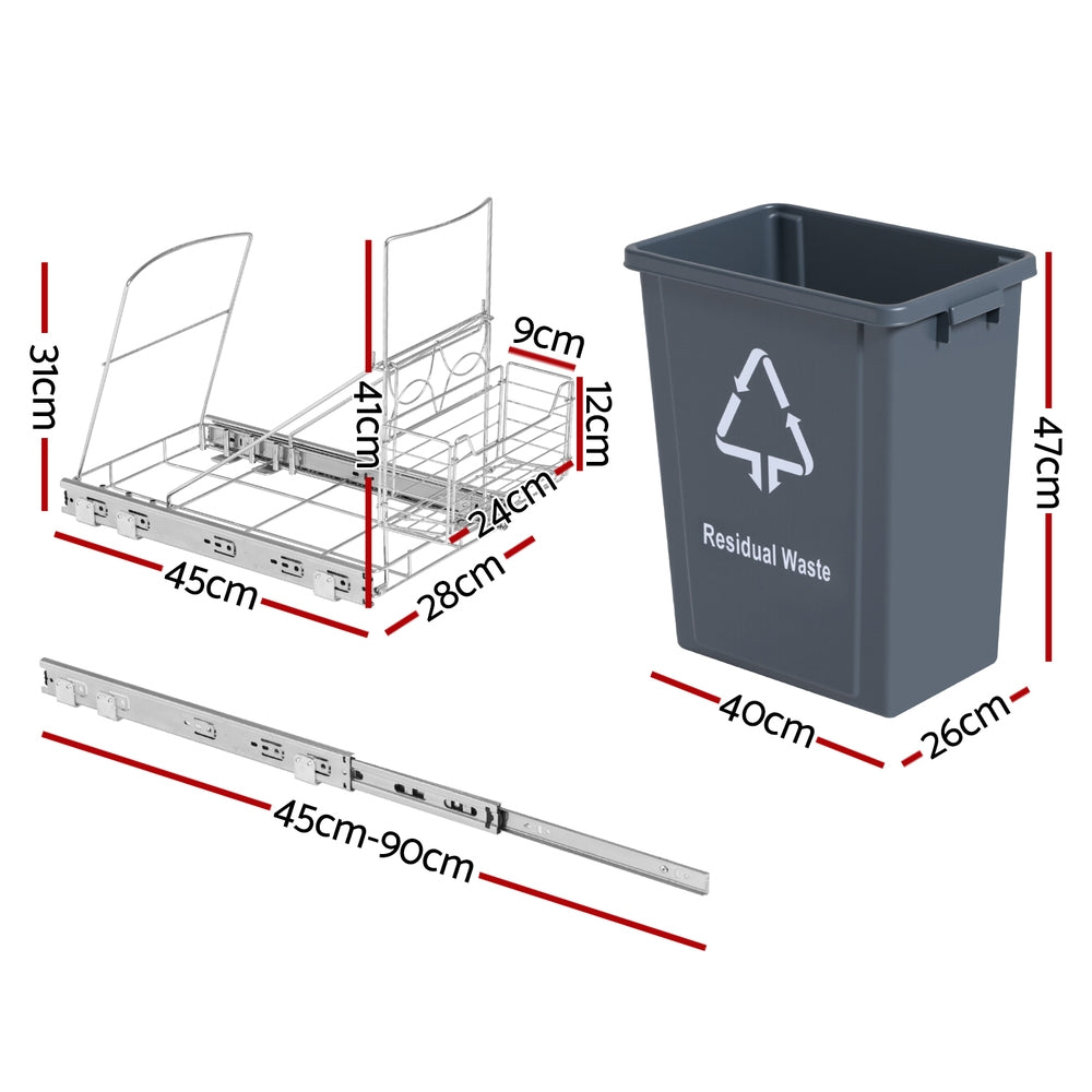 Cefito Pull Out Bin Kitchen Cabinet Slide Garbage Rubbish Bins Basket 40L Grey - Image 2