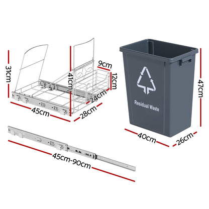 Cefito Pull Out Bin Kitchen Cabinet Slide Garbage Rubbish Bins Basket 40L Grey - Image 2