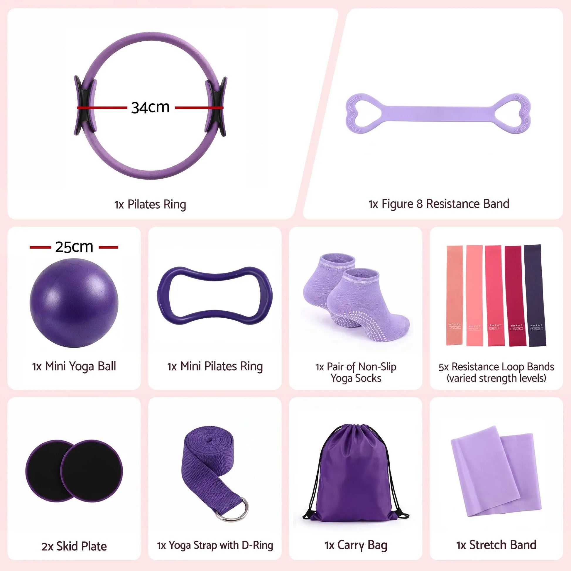 Everfit Pilates Ring Set for Women, 15pcs Home Workout Pilates Equipment with Ring, Ball, Yoga Socks, D-Ring etc. Pilates Starter Kit for Strength, Toning and Flexibility Purple - Image 2