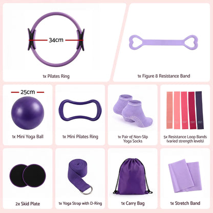 Everfit Pilates Ring Set for Women, 15pcs Home Workout Pilates Equipment with Ring, Ball, Yoga Socks, D-Ring etc. Pilates Starter Kit for Strength, Toning and Flexibility Purple - Image 2
