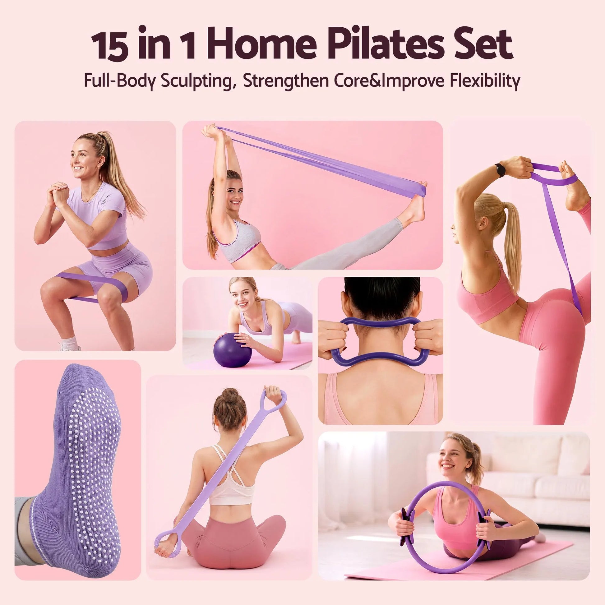 Everfit Pilates Ring Set for Women, 15pcs Home Workout Pilates Equipment with Ring, Ball, Yoga Socks, D-Ring etc. Pilates Starter Kit for Strength, Toning and Flexibility Purple - Image 3