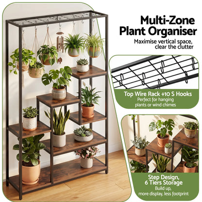 Artiss Tall Plant Stand Indoor, 6-Tier Pot Plant Shelf with Hanging Hooks, Metal & Wooden Flower Holder, Large Tiered Display Rack for Patio Garden Balcony Living Room, Indoor Outdoor Use - Image 3