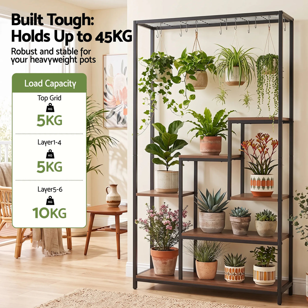Artiss Tall Plant Stand Indoor, 6-Tier Pot Plant Shelf with Hanging Hooks, Metal & Wooden Flower Holder, Large Tiered Display Rack for Patio Garden Balcony Living Room, Indoor Outdoor Use - Image 4