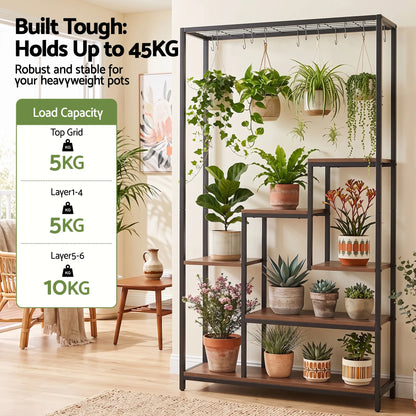 Artiss Tall Plant Stand Indoor, 6-Tier Pot Plant Shelf with Hanging Hooks, Metal & Wooden Flower Holder, Large Tiered Display Rack for Patio Garden Balcony Living Room, Indoor Outdoor Use - Image 4