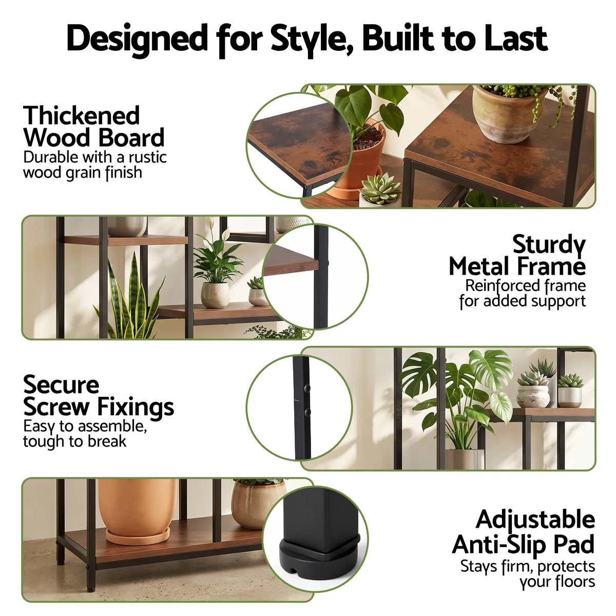 Artiss Tall Plant Stand Indoor, 6-Tier Pot Plant Shelf with Hanging Hooks, Metal & Wooden Flower Holder, Large Tiered Display Rack for Patio Garden Balcony Living Room, Indoor Outdoor Use - Image 5