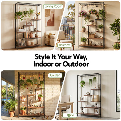 Artiss Tall Plant Stand Indoor, 6-Tier Pot Plant Shelf with Hanging Hooks, Metal & Wooden Flower Holder, Large Tiered Display Rack for Patio Garden Balcony Living Room, Indoor Outdoor Use - Image 7
