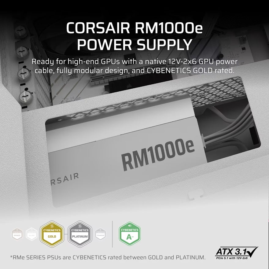 Corsair RMe Series™ RM1000e - Fully Modular Low-Noise ATX Power Supply - White (AU), Cybenetics G... - Image 2